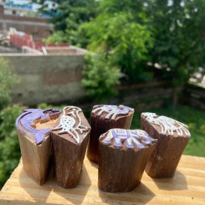 Pack of 5 Hand-Carved Animal Design Wooden Block Prints Handmade Block Paper & Fabric Print Stamp Handmade Sheesham Wooden Block Print Stamp