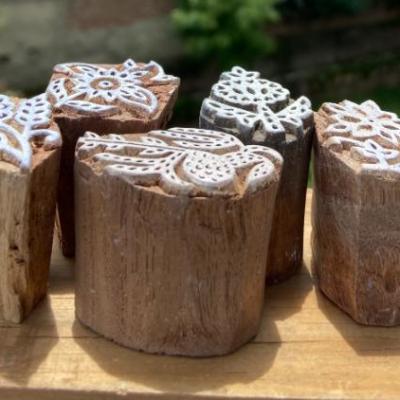 Pack of 5 Hand-Carved Wooden Leaf & Floral Block Prints Handmade Block Paper, Fabric Print Stamp Handmade Sheesham Wooden Block Print Stamp