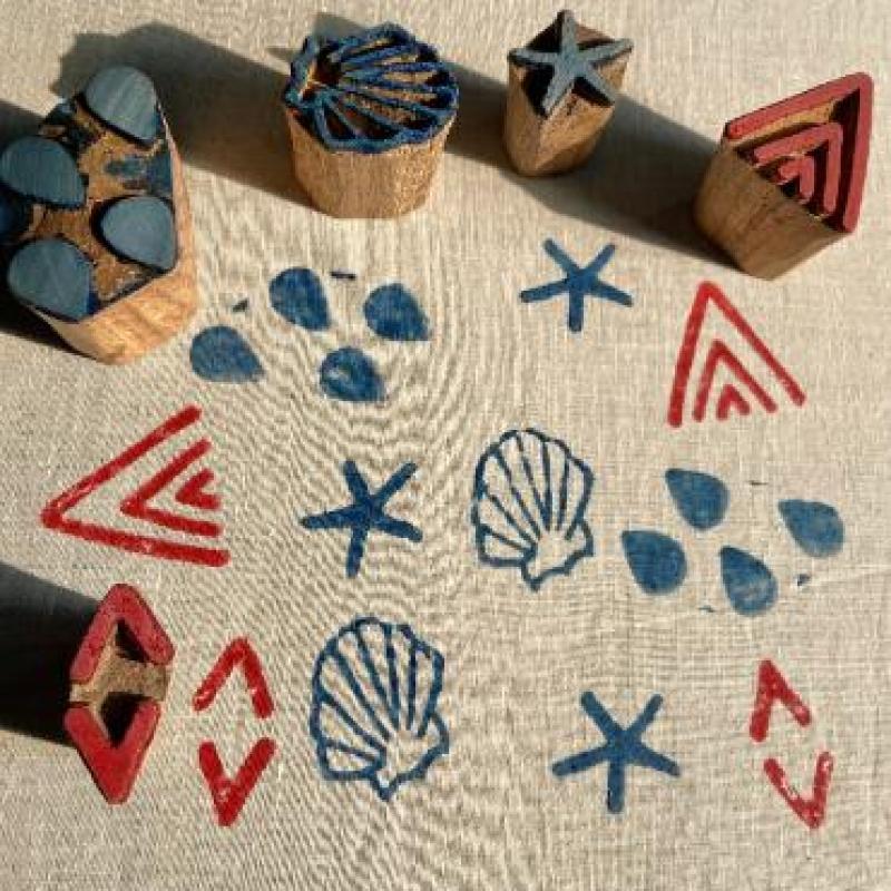 Wooden Block Printing Stamps Set for Fabric, Clay & Crafts | Shell, Starfish, Water Drop