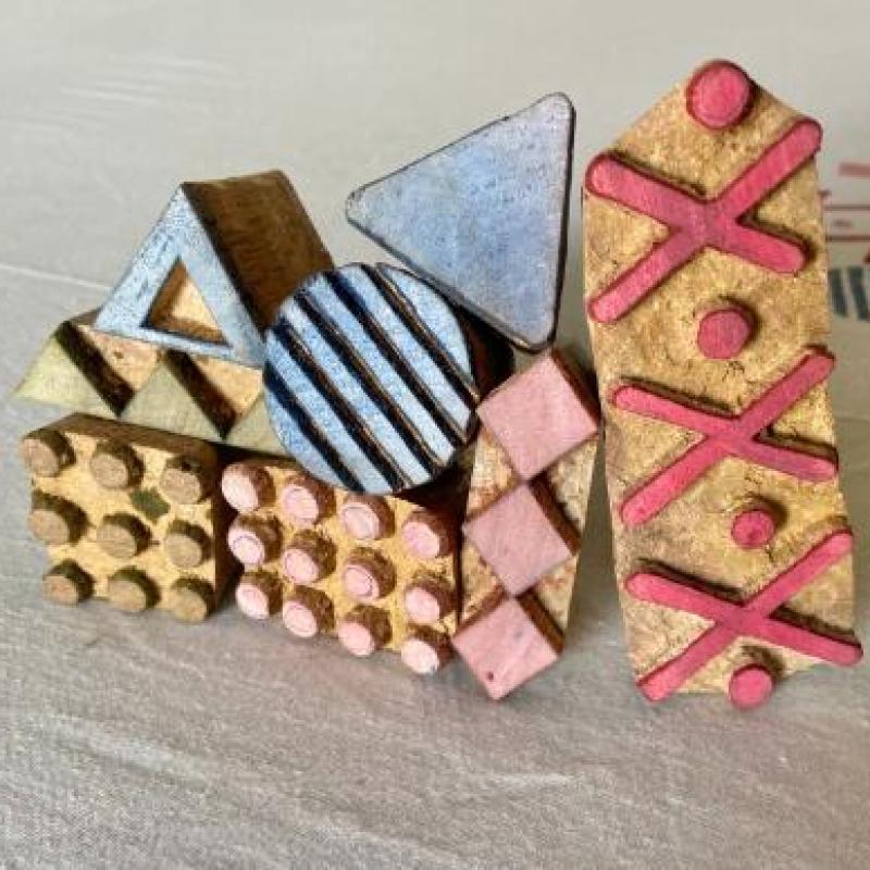 Handcarved Mixed-Shape Stamp Bundle | Artisan Wood Blocks for Modern Textile Printing & Pottery