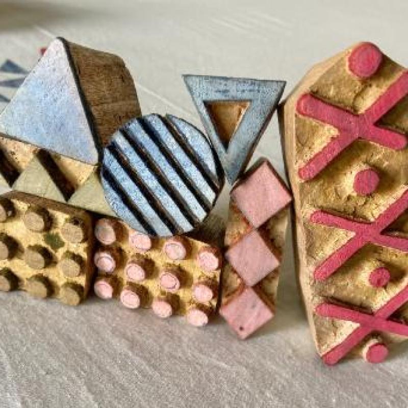 Handcarved Mixed-Shape Stamp Bundle | Artisan Wood Blocks for Modern Textile Printing & Pottery